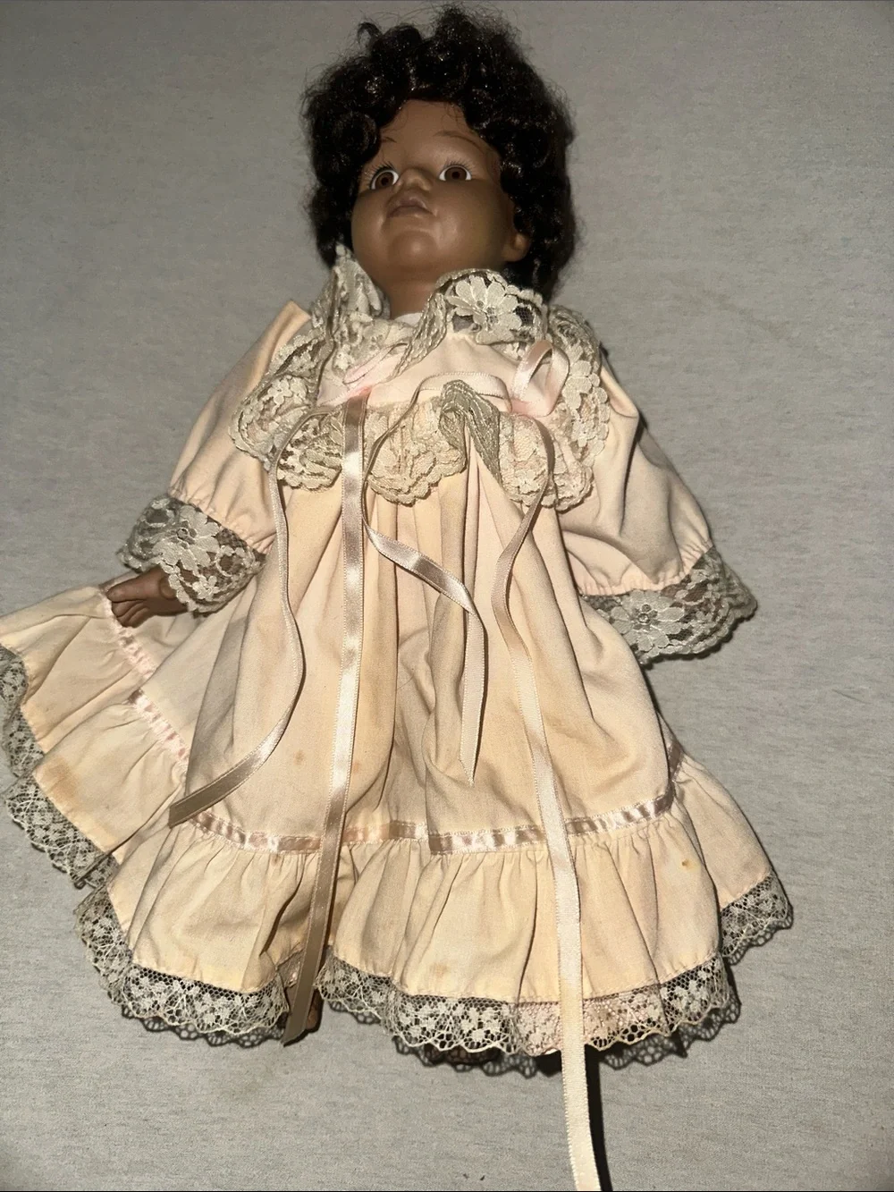 Vintage Collectible Porcelain Doll in Blush Pink Lace Dress